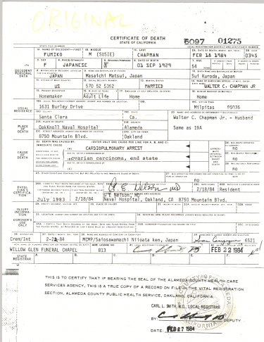 Fumiko's Death Certificate