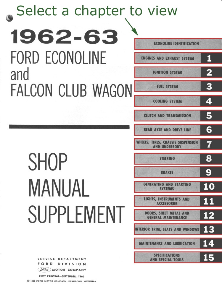 '62-63 Ford Econoline Shop Manual Supplement: Table of Contents