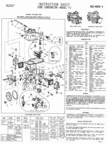1963 Manual Choke Ford carburetor exploded view; Echlin rebuild kit
