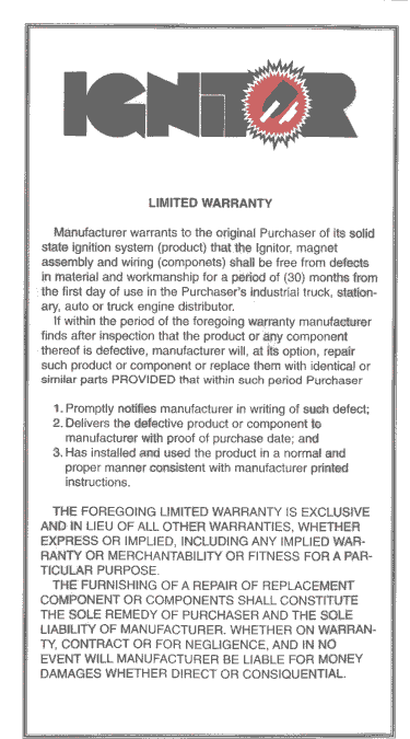 Pertronix 1266: Instructions sheet No. 2: Warranty